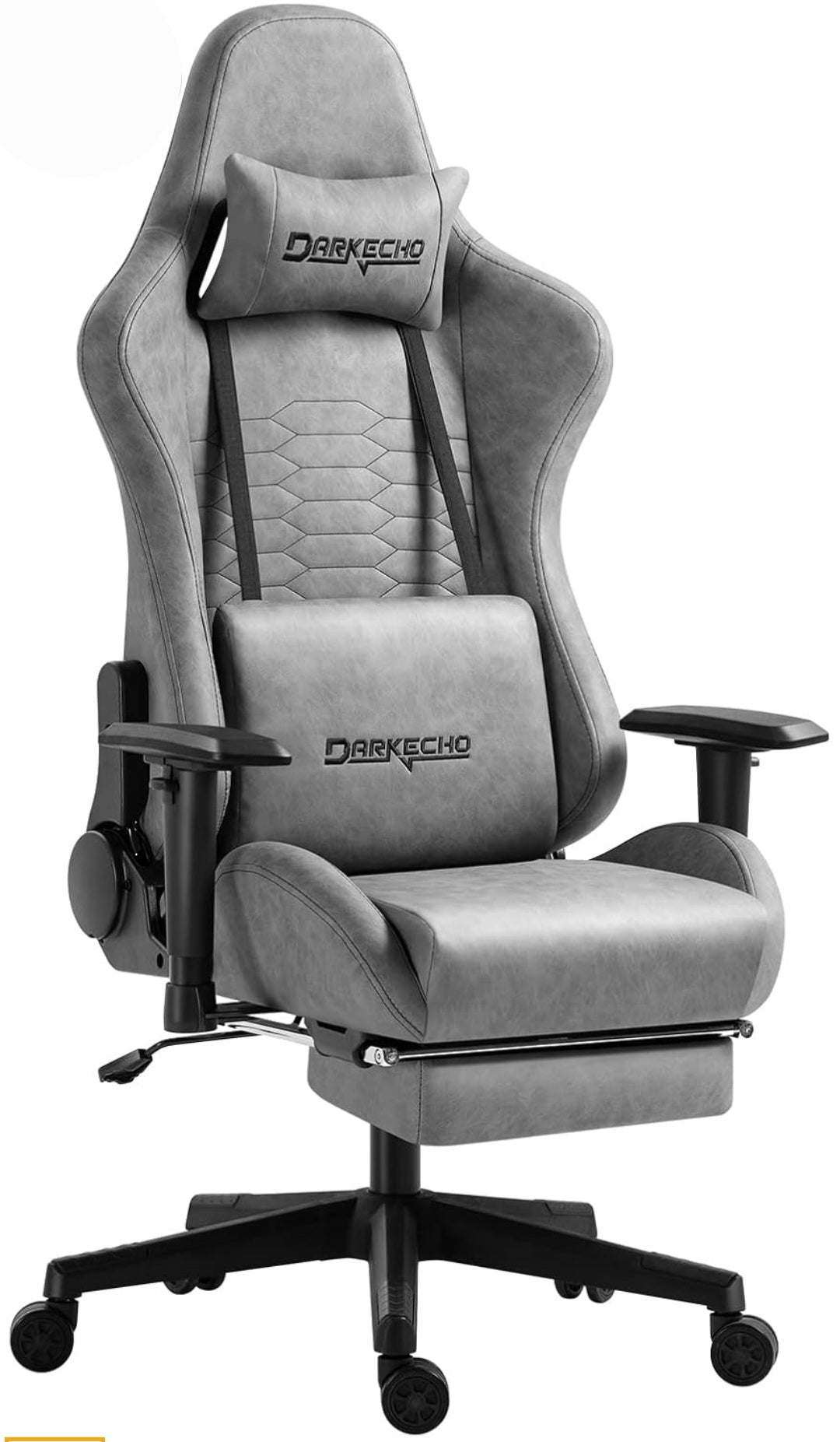 arkecho Gaming Chair with Footrest, Massage, Vintage Style, Leather, Ergonomic, Reclining, Adjustable, Lumbar Support - Grey