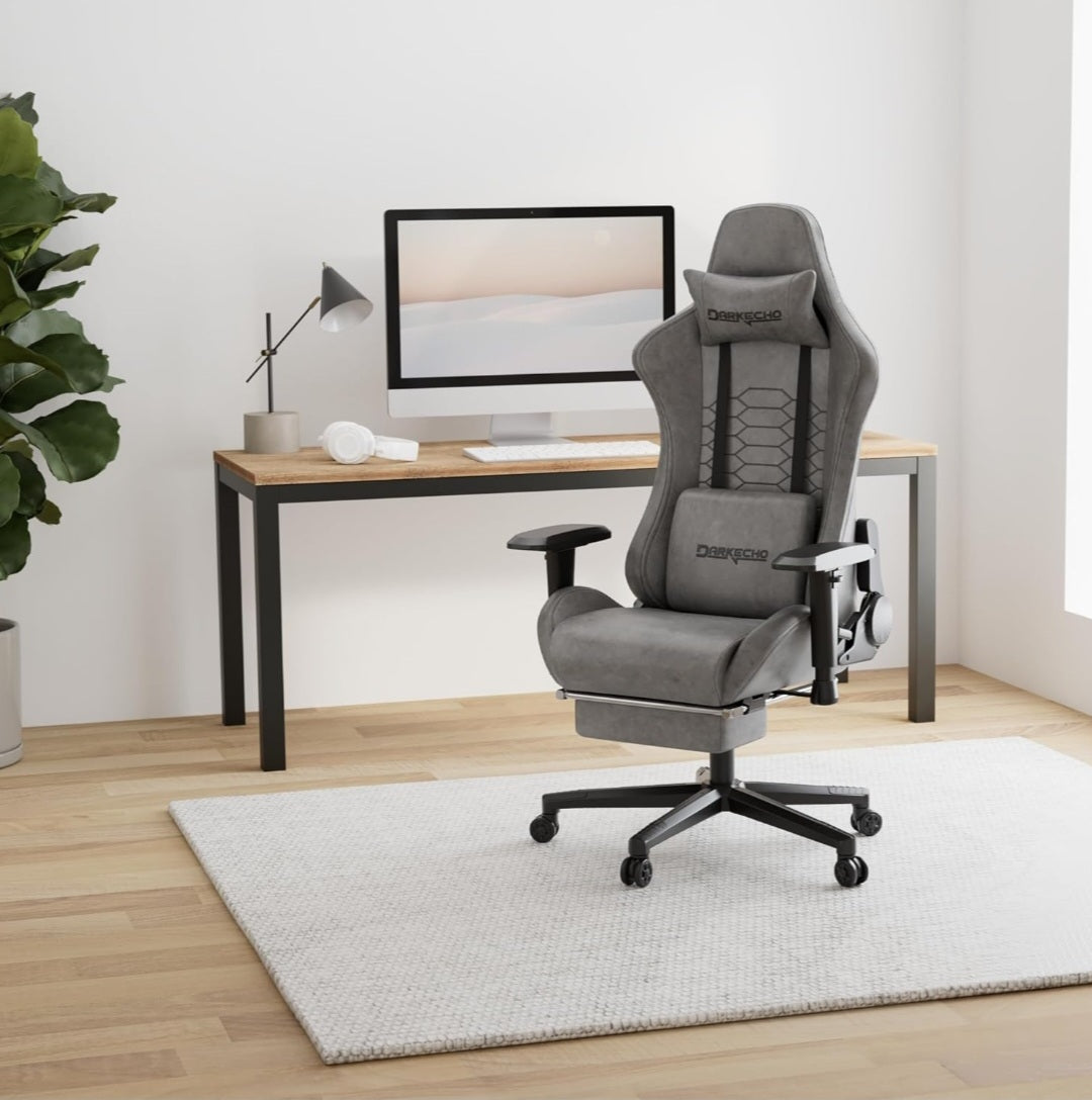 arkecho Gaming Chair with Footrest, Massage, Vintage Style, Leather, Ergonomic, Reclining, Adjustable, Lumbar Support - Grey